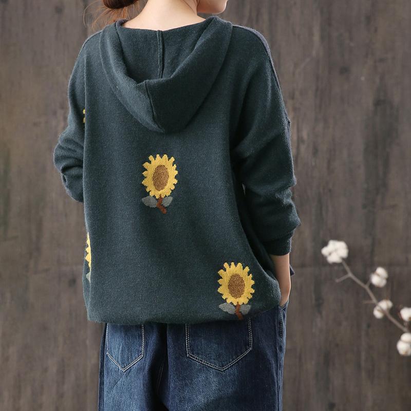 Buykud Casual Sunflower Adjustable Waist Hooded Sweater