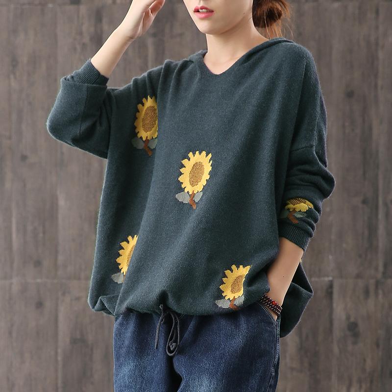 Buykud Casual Sunflower Adjustable Waist Hooded Sweater