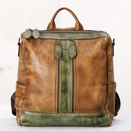 Casual Travel Color Matching Leather Backpack
