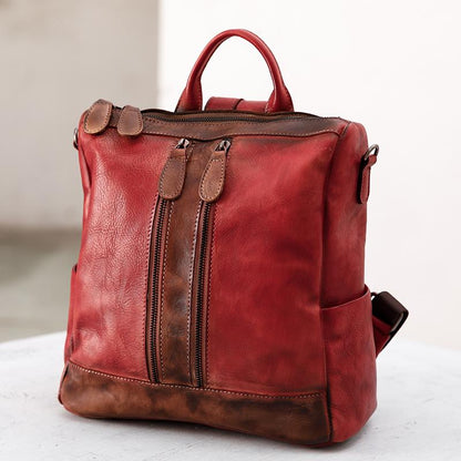 Casual Travel Color Matching Leather Backpack