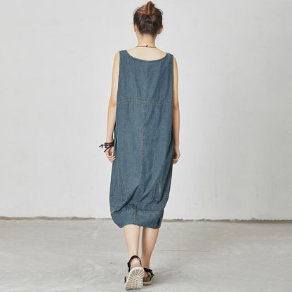 Casual V-Neck Pockets Denim Sleeveless Dress