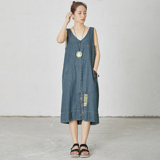 Casual V-Neck Pockets Denim Sleeveless Dress