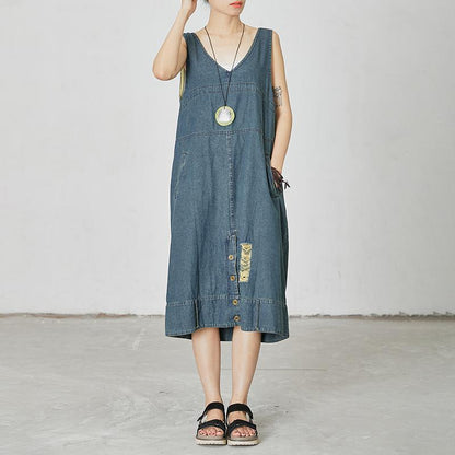 Casual V-Neck Pockets Denim Sleeveless Dress