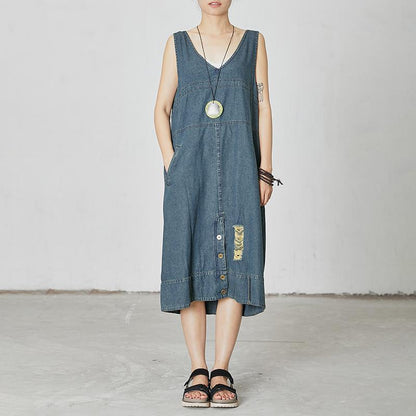 Casual V-Neck Pockets Denim Sleeveless Dress