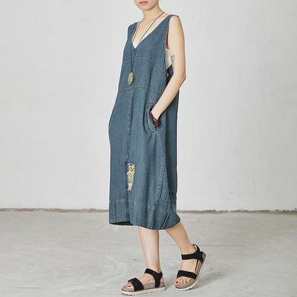 Casual V-Neck Pockets Denim Sleeveless Dress