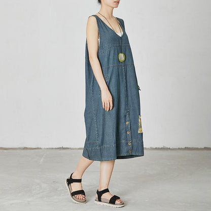 Casual V-Neck Pockets Denim Sleeveless Dress