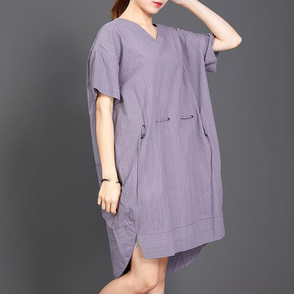 Casual V-Neck Solid Color Drawstring Loose Dress