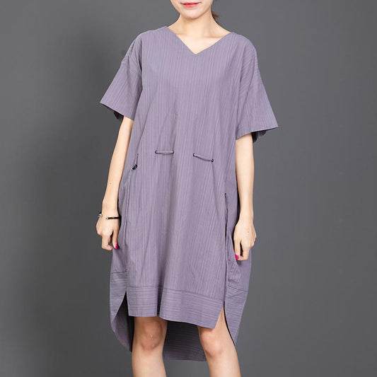 Casual V-Neck Solid Color Drawstring Loose Dress