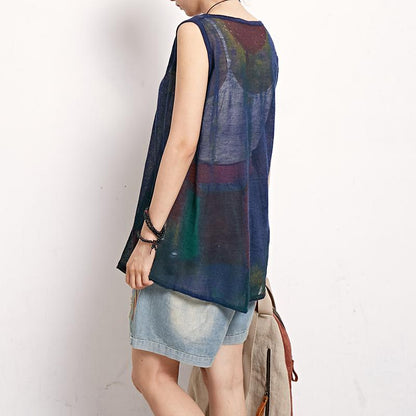Casual Women Print Cotton Linen Sleeveless Top
