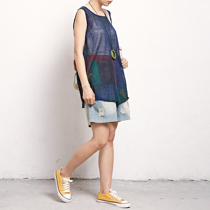 Casual Women Print Cotton Linen Sleeveless Top