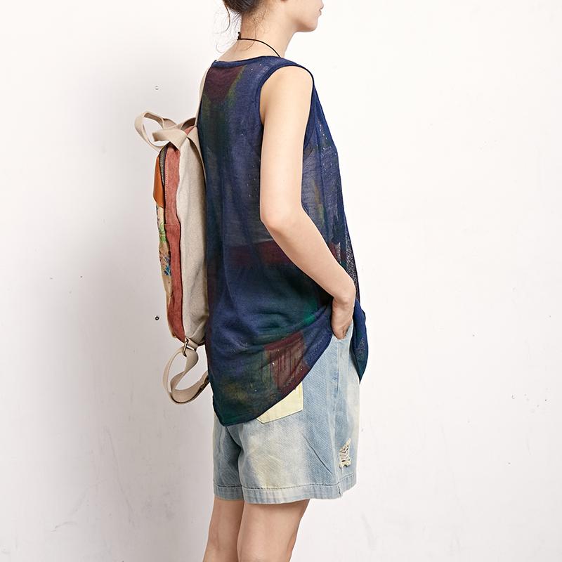 Casual Women Print Cotton Linen Sleeveless Top