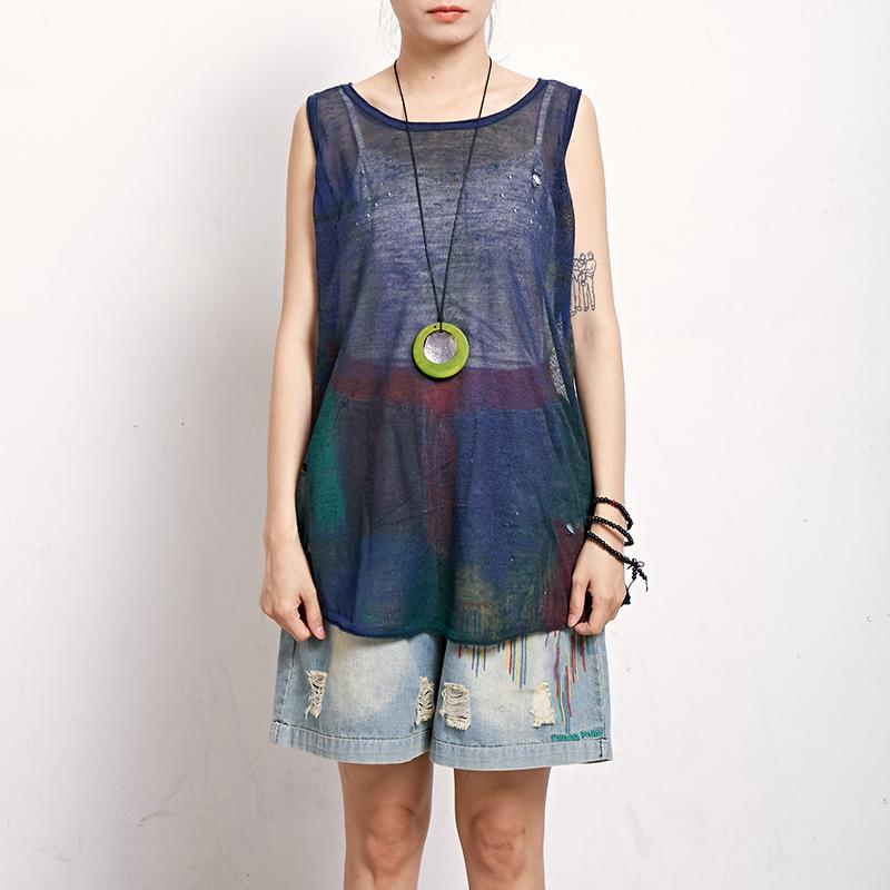 Casual Women Print Cotton Linen Sleeveless Top