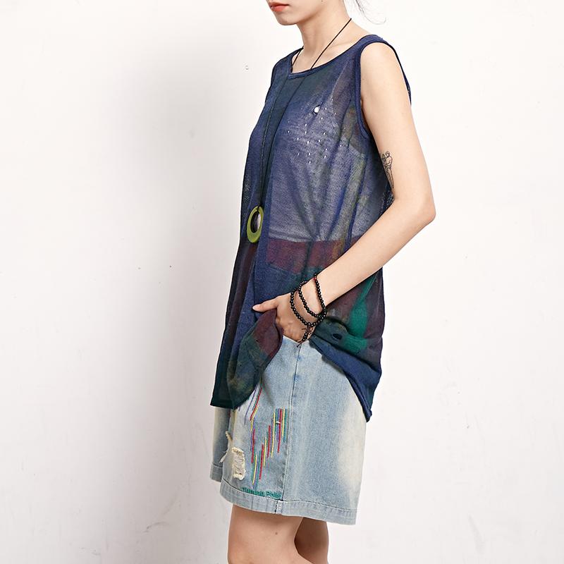 Casual Women Print Cotton Linen Sleeveless Top
