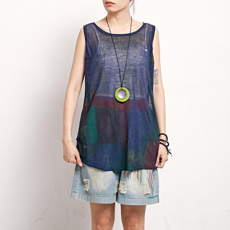 Casual Women Print Cotton Linen Sleeveless Top