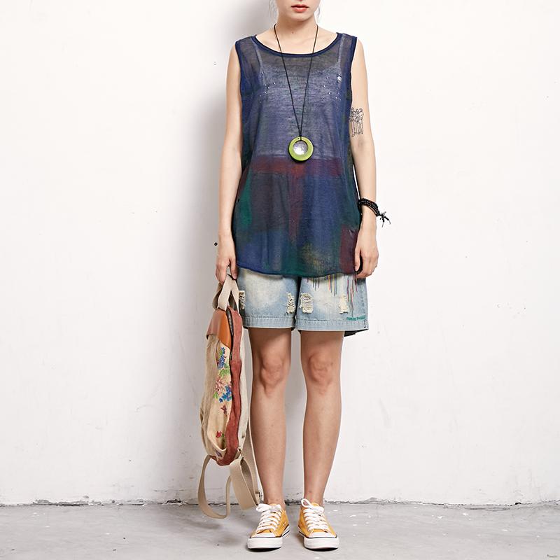 Casual Women Print Cotton Linen Sleeveless Top