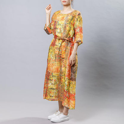 Causal Printed Comfortable Dress With Belt