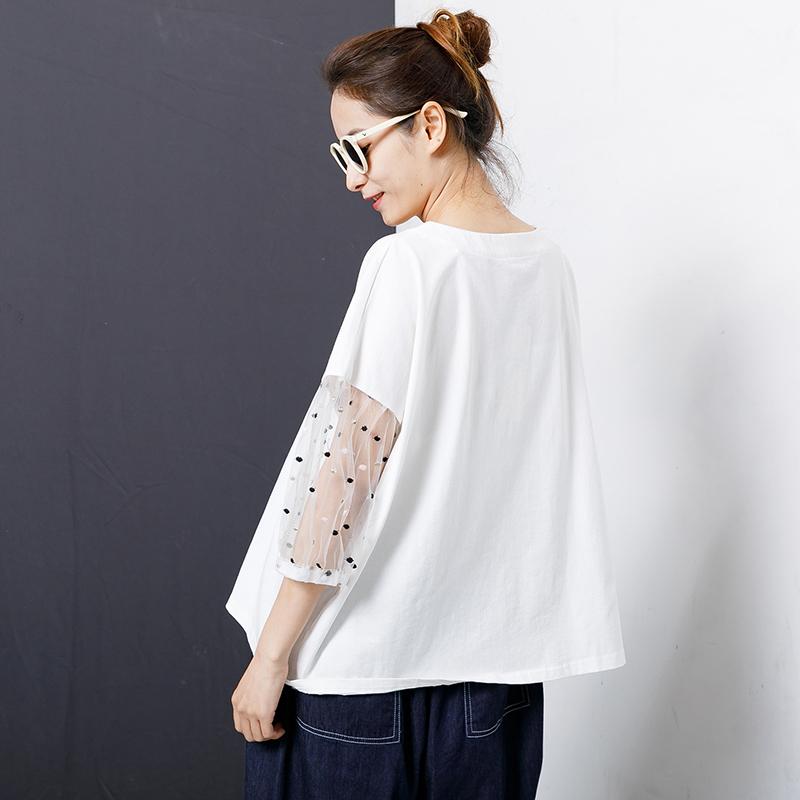 Character Printed Sleeve Lace Stitching T-Shirt