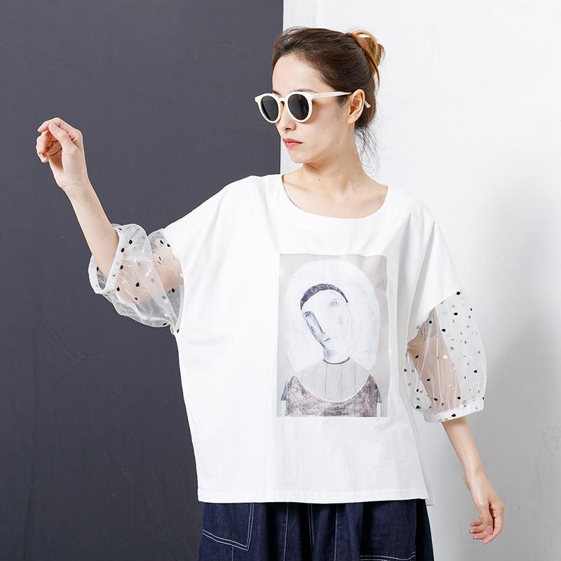 Character Printed Sleeve Lace Stitching T-Shirt