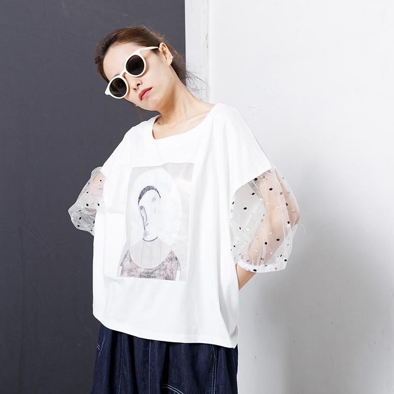 Character Printed Sleeve Lace Stitching T-Shirt