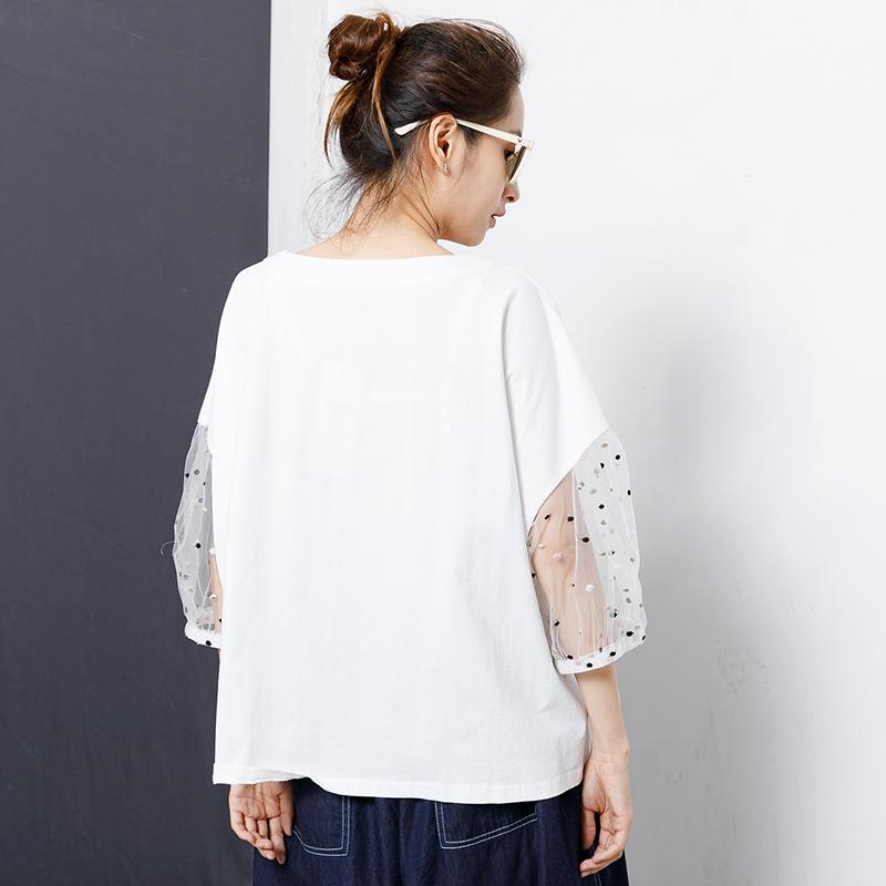 Character Printed Sleeve Lace Stitching T-Shirt