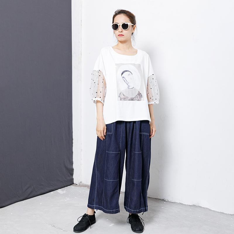 Character Printed Sleeve Lace Stitching T-Shirt