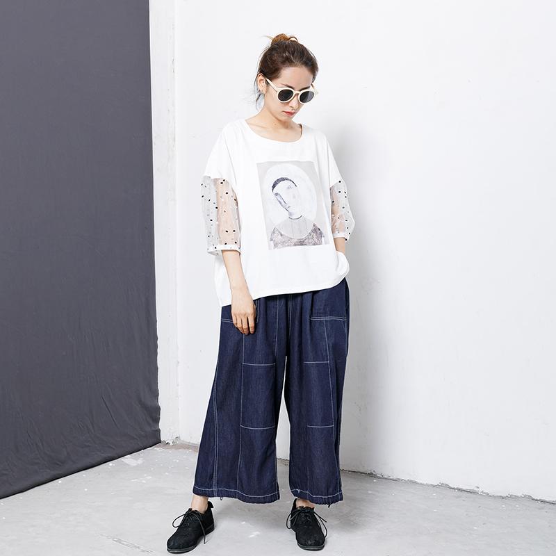 Character Printed Sleeve Lace Stitching T-Shirt