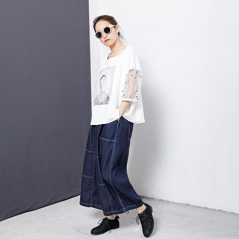 Character Printed Sleeve Lace Stitching T-Shirt