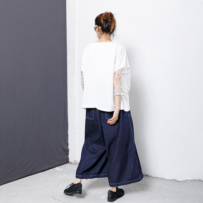 Character Printed Sleeve Lace Stitching T-Shirt