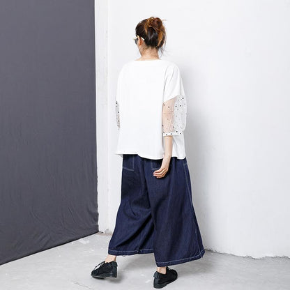 Character Printed Sleeve Lace Stitching T-Shirt