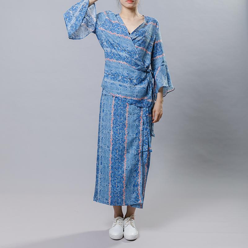 Chinese Style Blue Plaid Two Piece Set