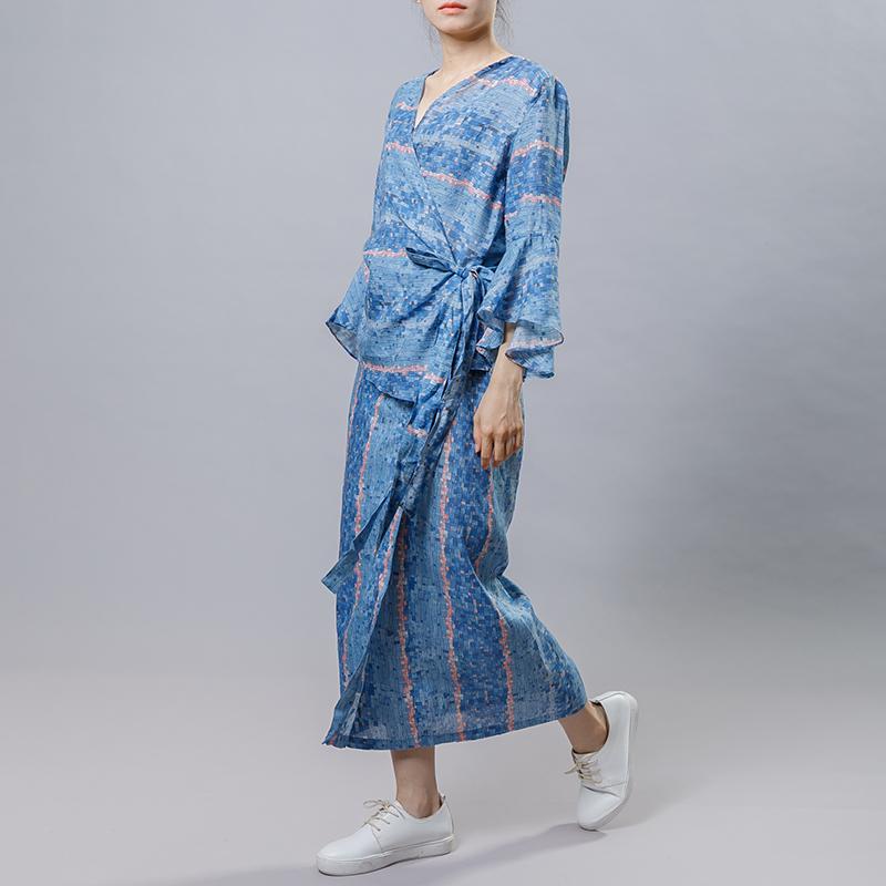 Chinese Style Blue Plaid Two Piece Set