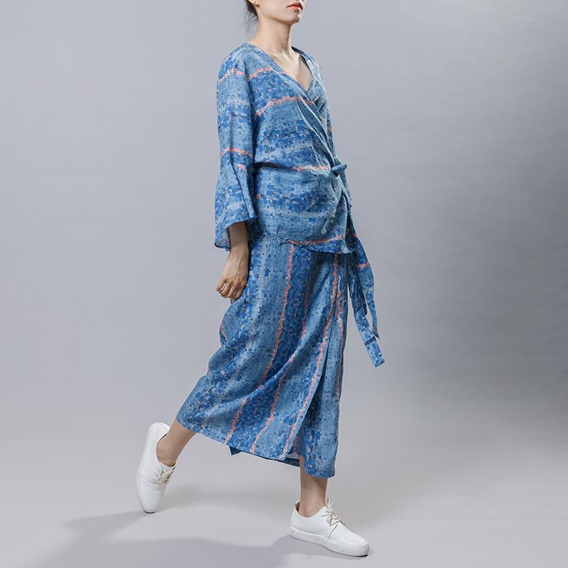Chinese Style Blue Plaid Two Piece Set