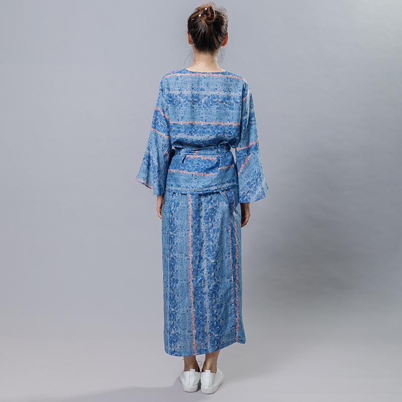Chinese Style Blue Plaid Two Piece Set