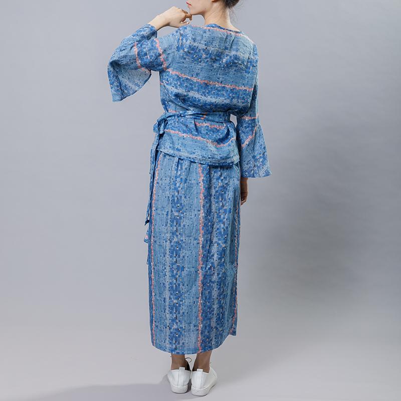 Chinese Style Blue Plaid Two Piece Set