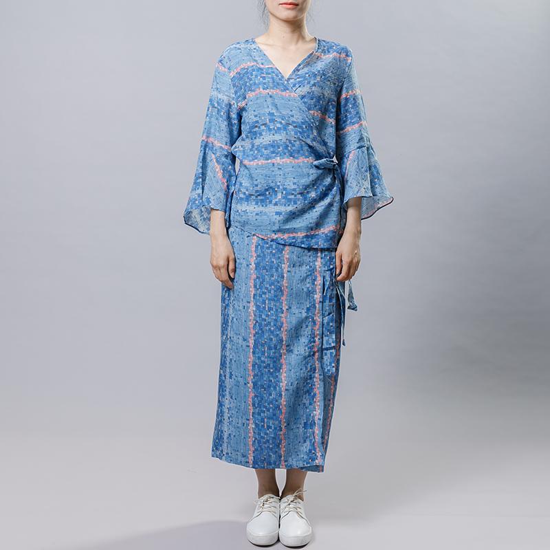 Chinese Style Blue Plaid Two Piece Set