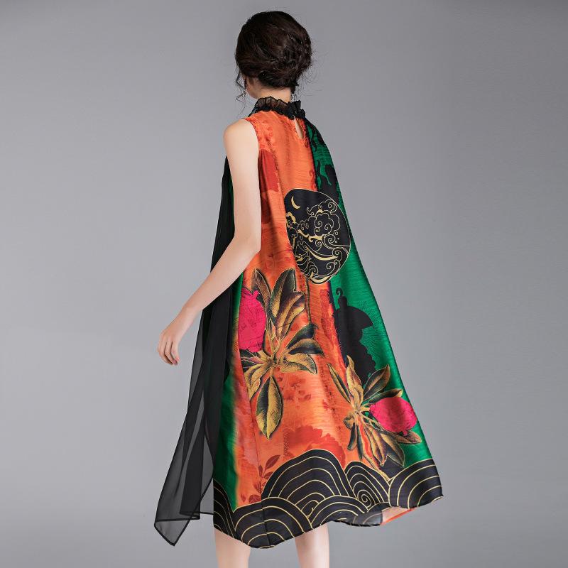 Chinese Style Flower Printed Sleeveless Dress