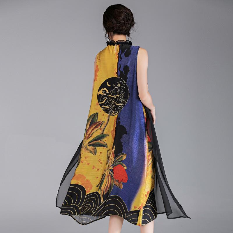 Chinese Style Flower Printed Sleeveless Dress