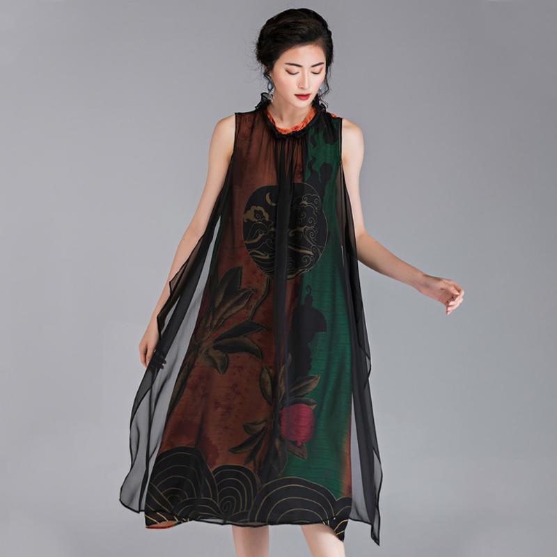 Chinese Style Flower Printed Sleeveless Dress