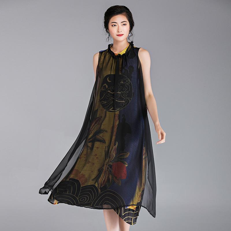 Chinese Style Flower Printed Sleeveless Dress