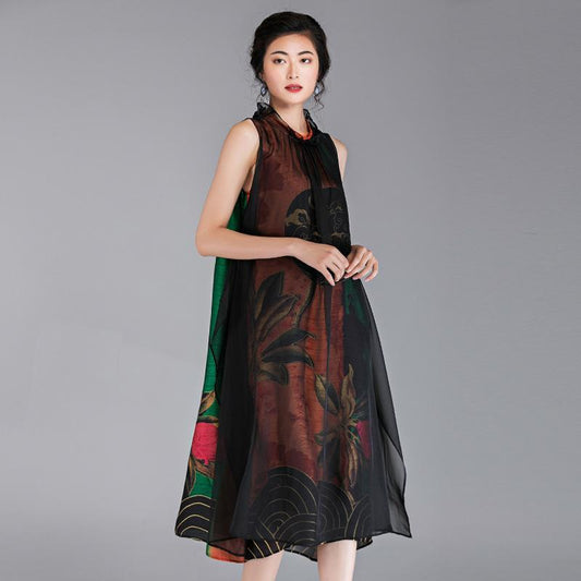 Chinese Style Flower Printed Sleeveless Dress