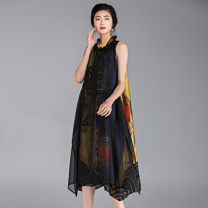 Chinese Style Flower Printed Sleeveless Dress