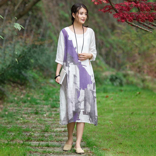 Chinese Style Printed Elegant Ramie Dress