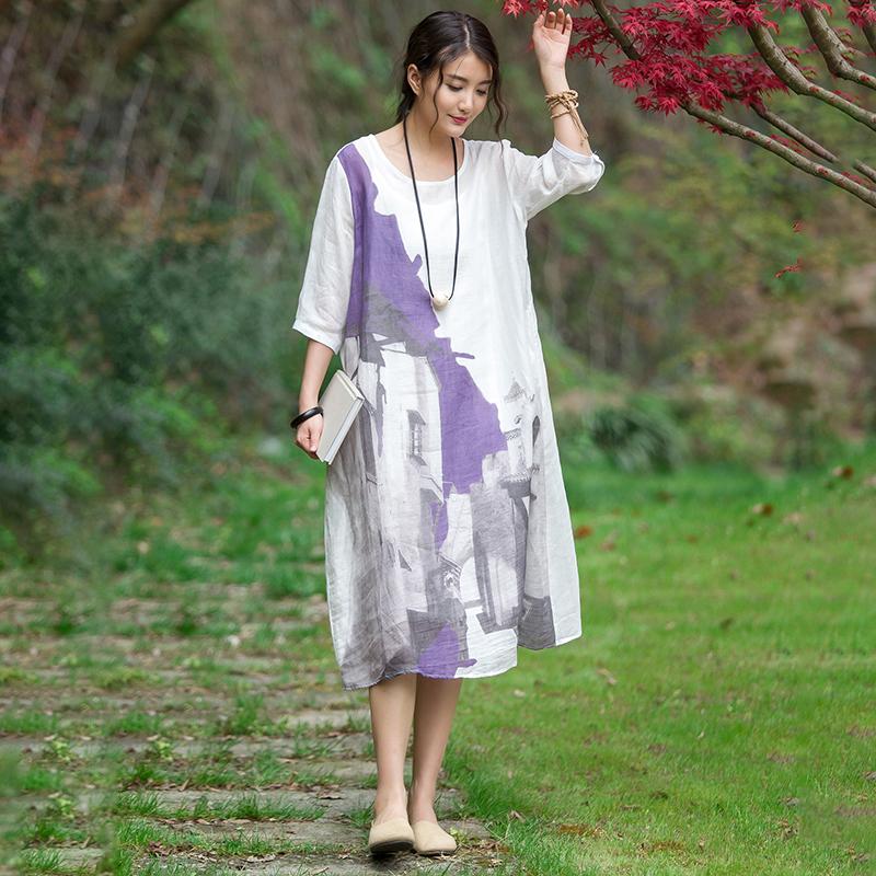 Chinese Style Printed Elegant Ramie Dress