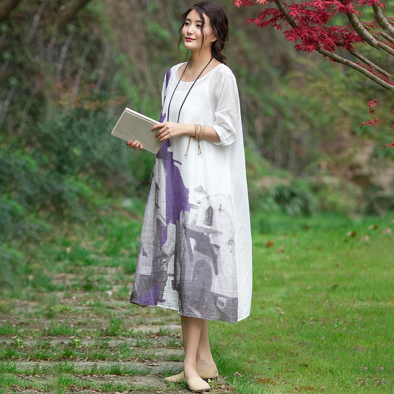Chinese Style Printed Elegant Ramie Dress