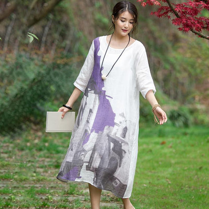 Chinese Style Printed Elegant Ramie Dress