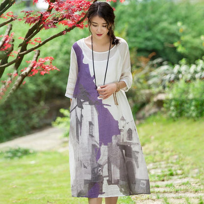Chinese Style Printed Elegant Ramie Dress