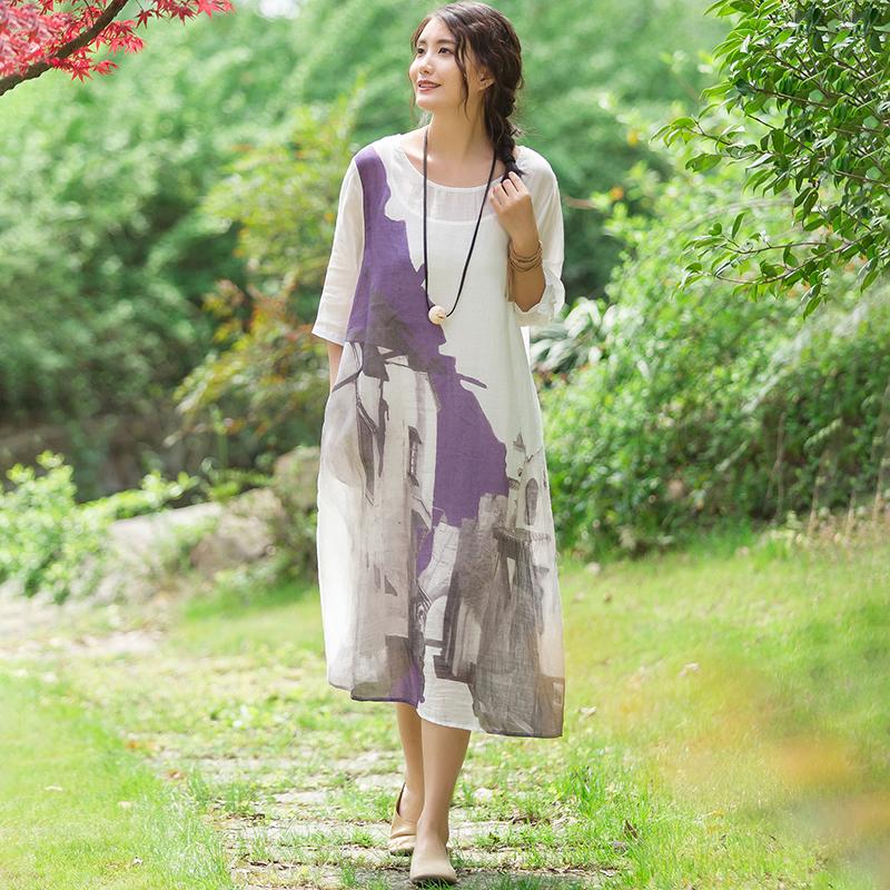 Chinese Style Printed Elegant Ramie Dress