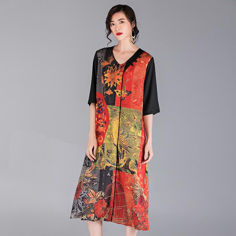 Chinese Style Printed Loose V-Neck Dress