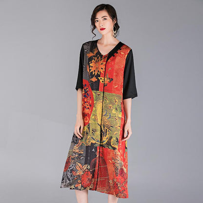 Chinese Style Printed Loose V-Neck Dress