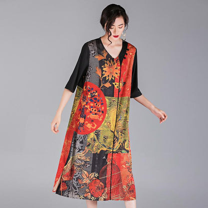 Chinese Style Printed Loose V-Neck Dress
